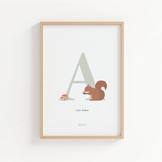 Personalised Woodland Squirrel Initial Print - Sage Green