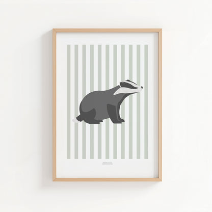 Children's Woodland Badger Print - Sage Green Stripes