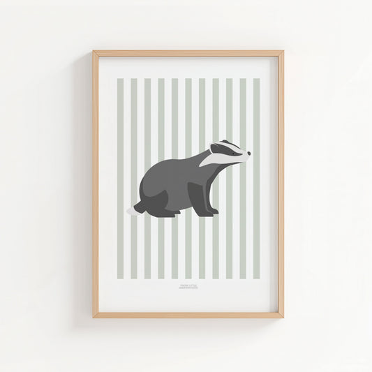Children's Woodland Badger Print - Sage Green Stripes
