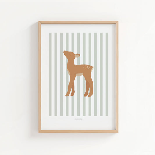 Children's Woodland Deer Print - Sage Green Stripes