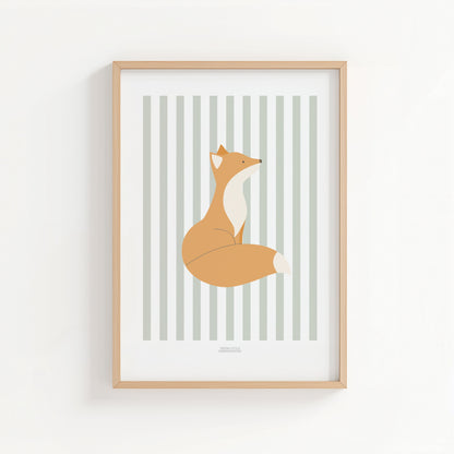 Children's Woodland Fox Print - Sage Green Stripes