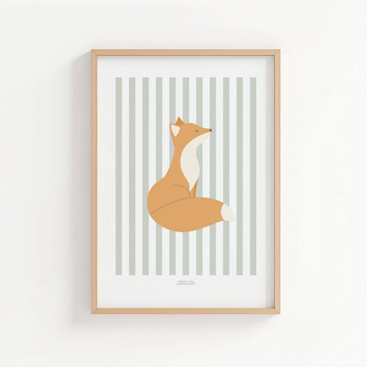 Children's Woodland Fox Print - Sage Green Stripes