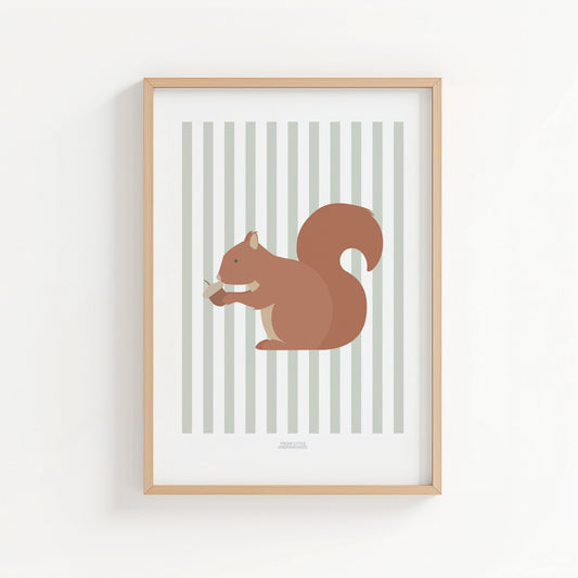 Children's Woodland Squirrel Print - Sage Green Stripes
