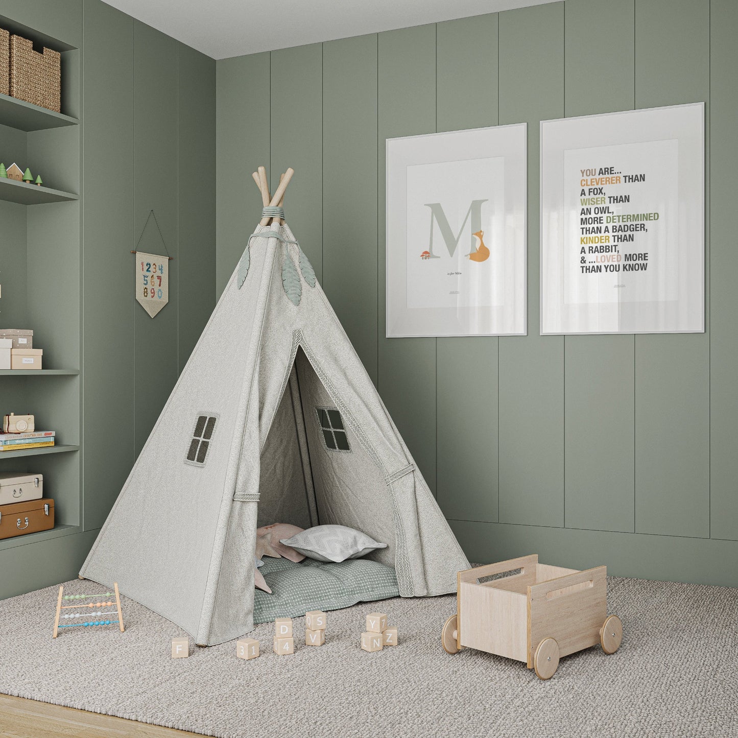 Personalised Woodland Fox Initial Print - Sage Green