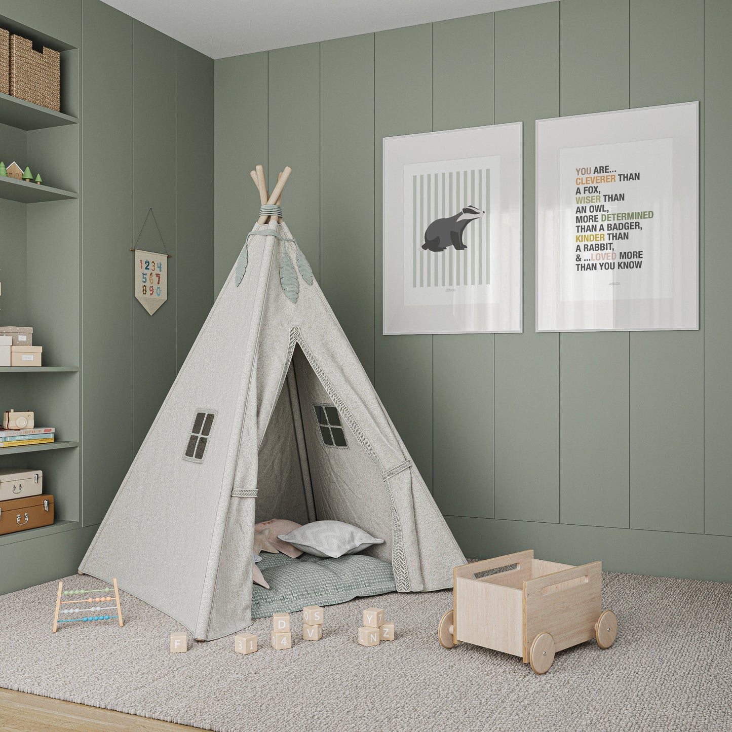 Children's Woodland Badger Print - Sage Green Stripes