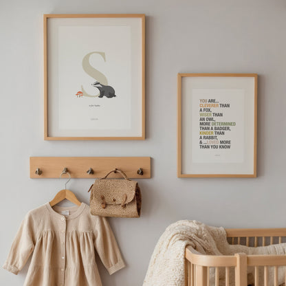 Personalised Woodland Badger Initial Print - Oatmeal