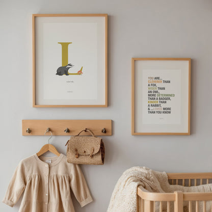 Personalised Woodland Badger Initial Print - Yellow