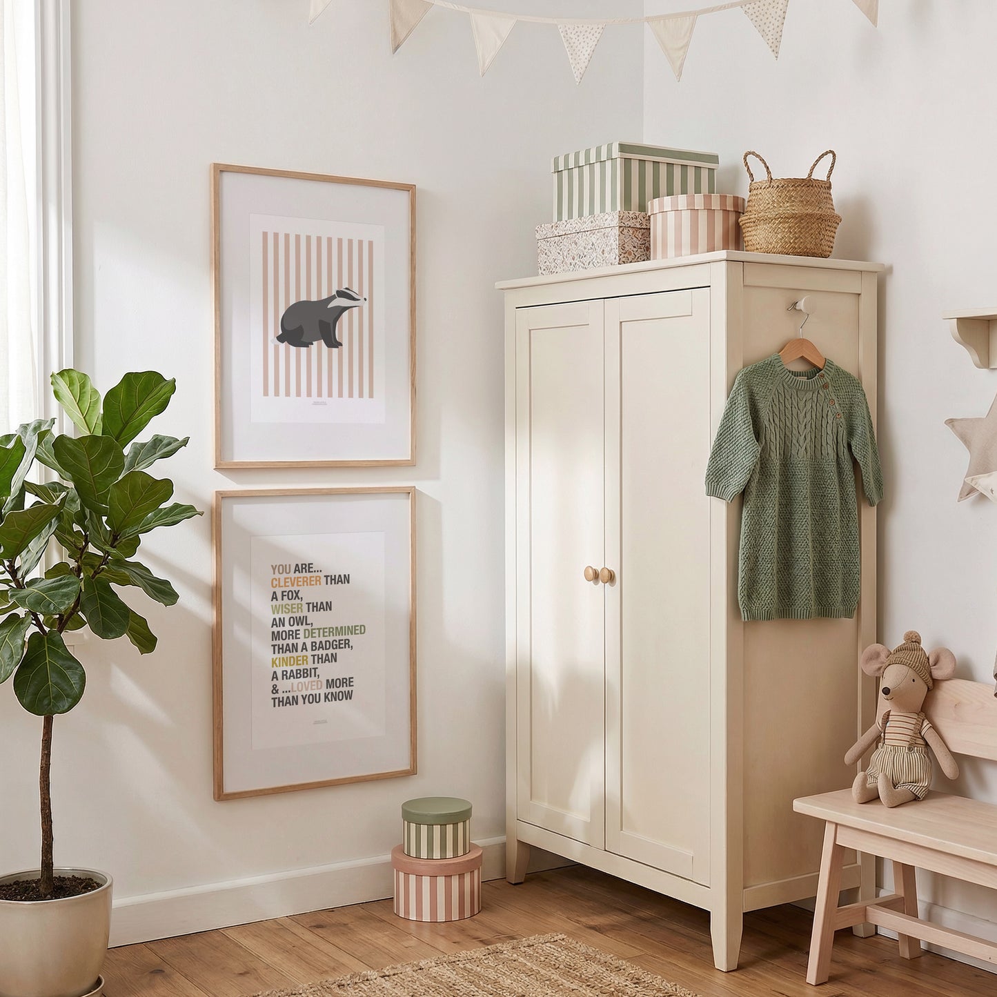 Children's Woodland Badger Print - Pink Stripes