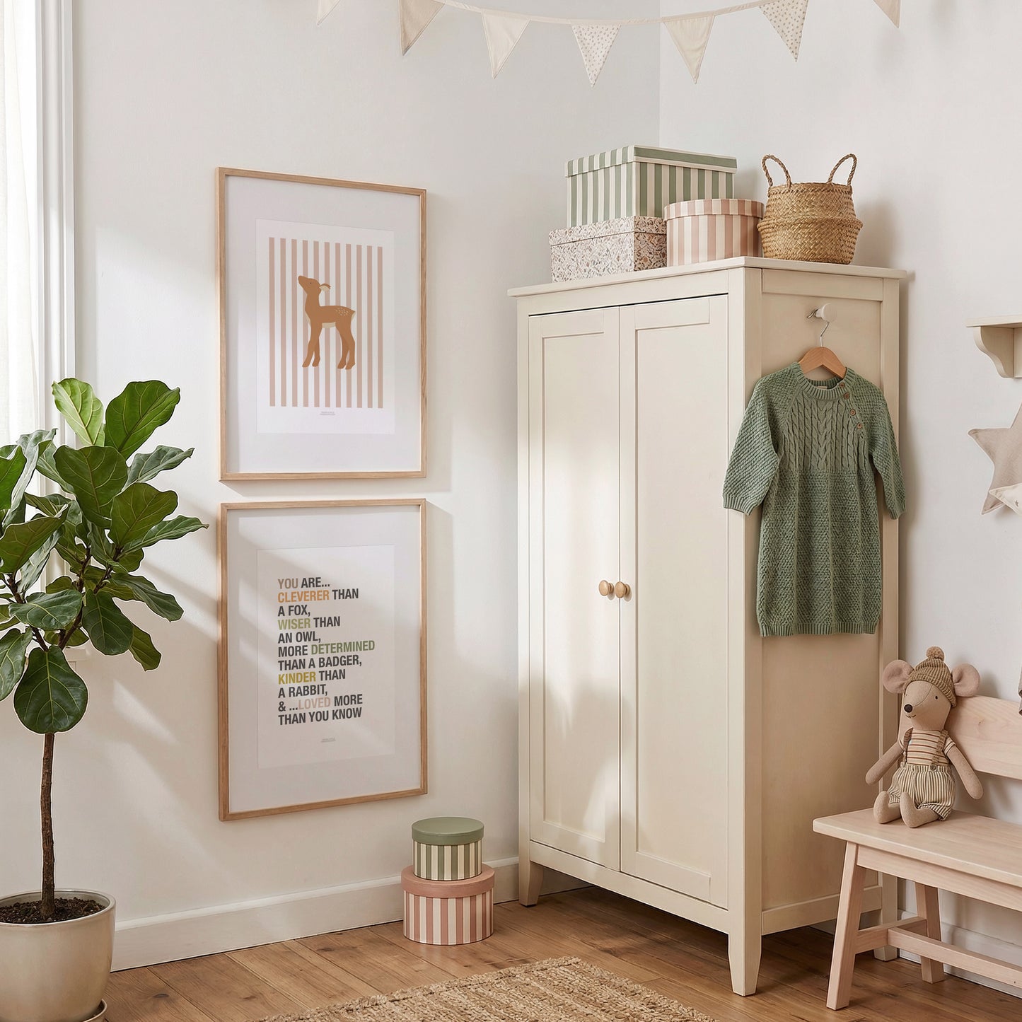 Children's Woodland Deer Print - Pink Stripes