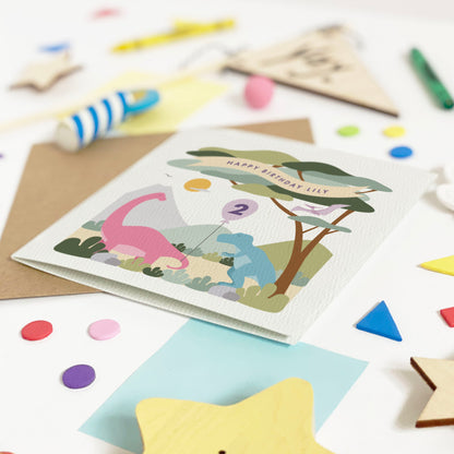 Girl's Dinosaur Birthday Card - Pink