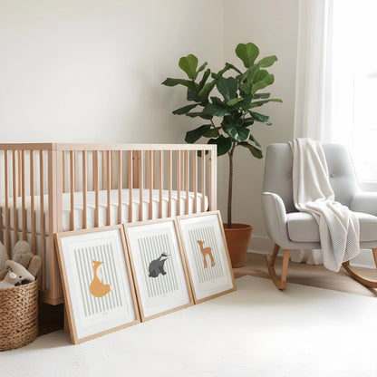 Children's Woodland Deer Print - Sage Green Stripes