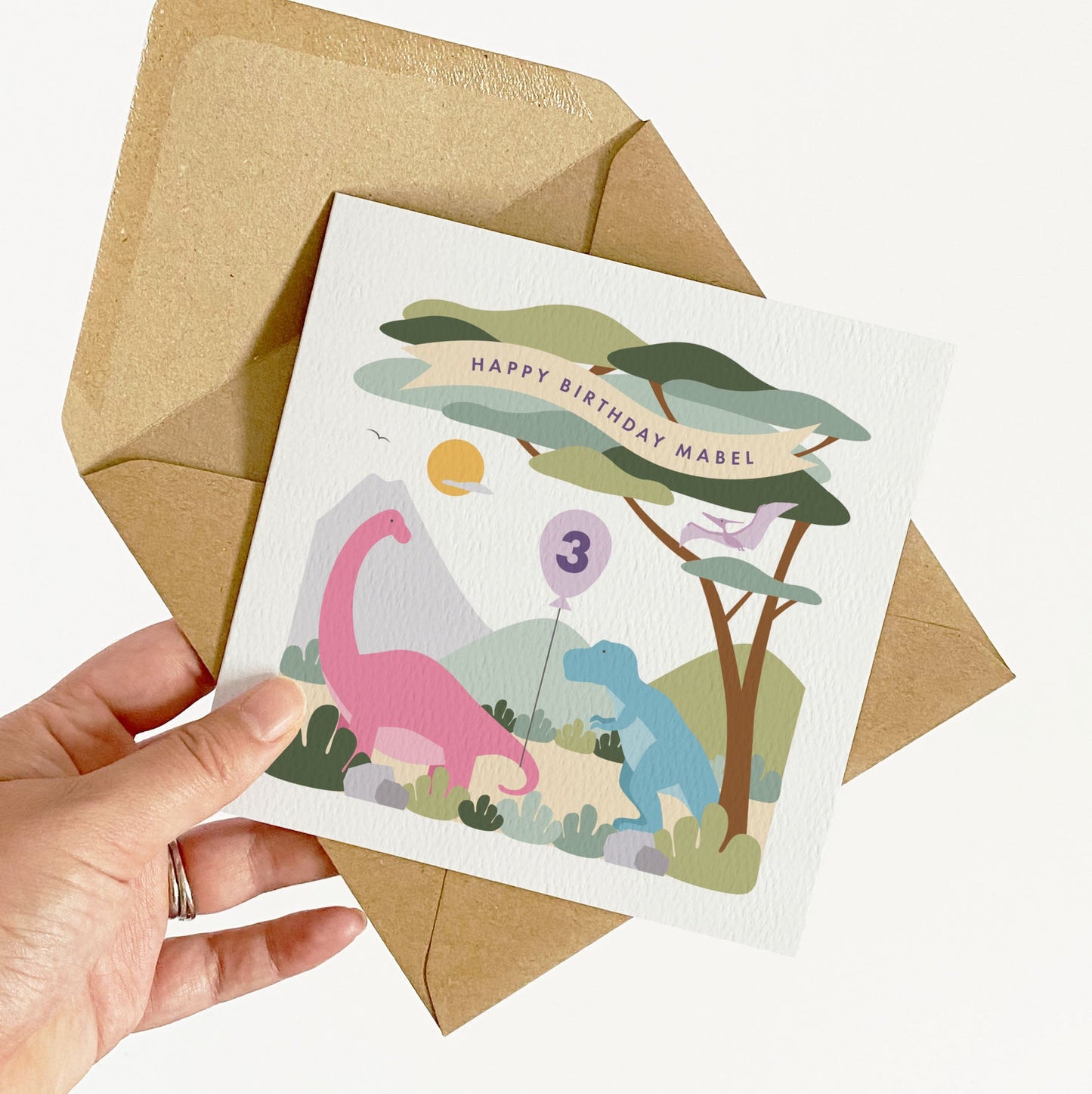 Girl's Dinosaur Birthday Card - Pink