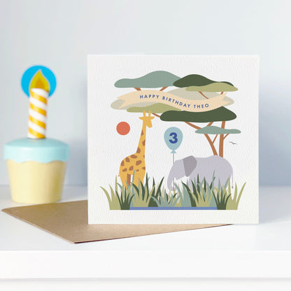 Boy's Safari Birthday Card - Blue