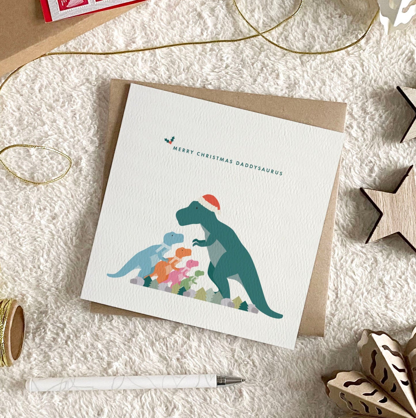 Personalised Dinosaur Christmas Card for Daddy from the Kids
