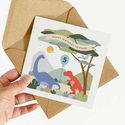 Boy's Dinosaur Birthday Card - Blue
