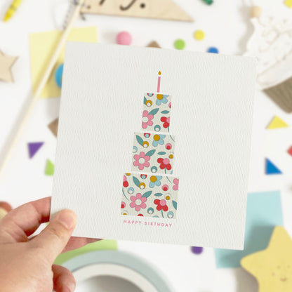 Hand holding a birthday card with a floral cake design on a colorful background with stationery items.