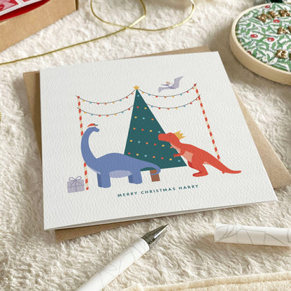 Personalised Dinosaur Christmas Card for Boys - Blue