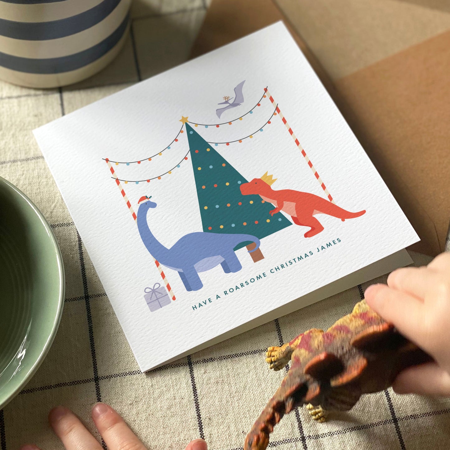 Personalised Dinosaur Christmas Card for Boys - Blue
