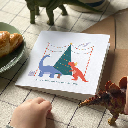 Personalised Dinosaur Christmas Card for Boys - Blue