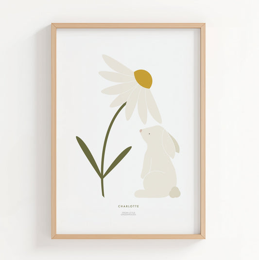 Framed artwork with a white rabbit and daisy flower on a white background