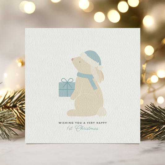 READY TO POST - Boys Bunny Christmas Card - For Boy, 1st Christmas Son and Nephew