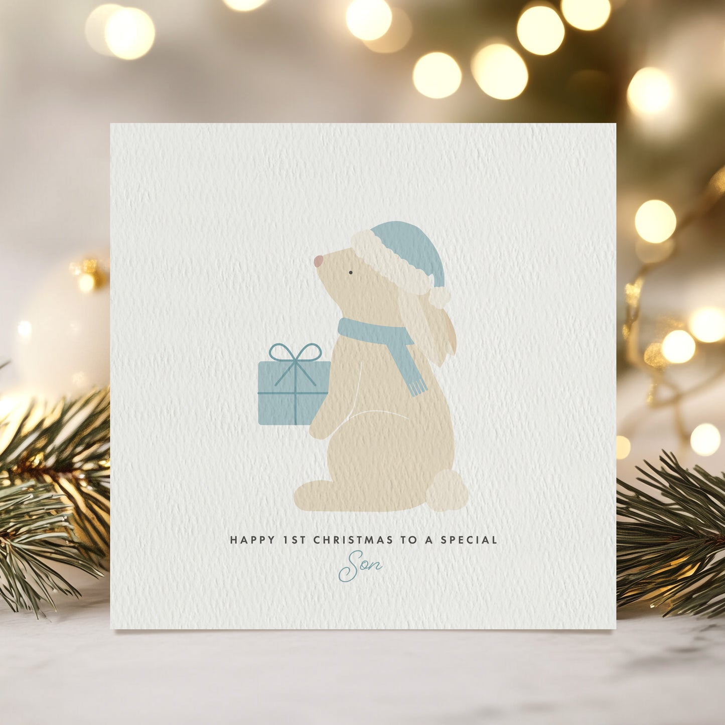 READY TO POST - Boys Bunny Christmas Card - For Boy, 1st Christmas Son and Nephew
