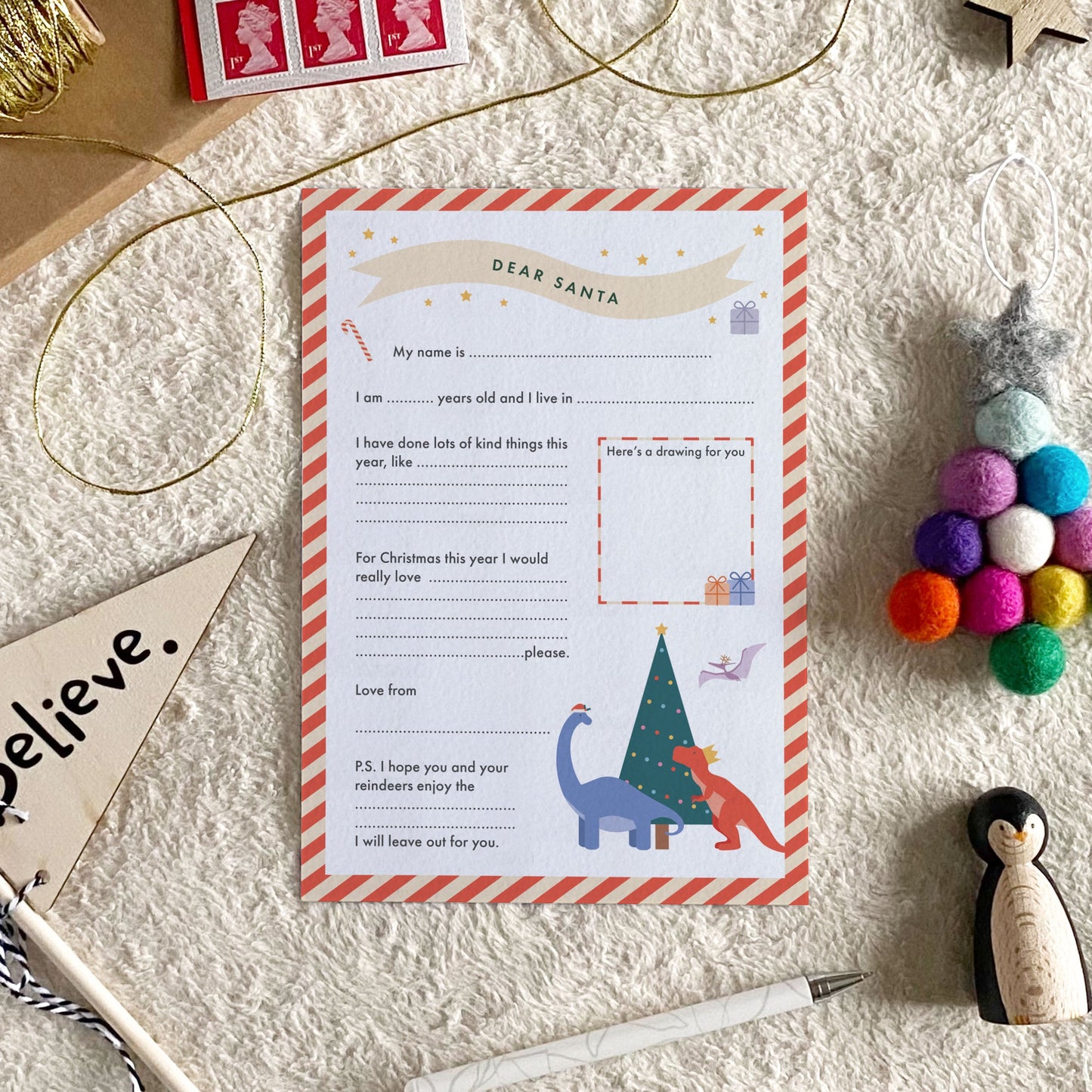 Dinosaur Themed Children's Letter to Santa with Envelope