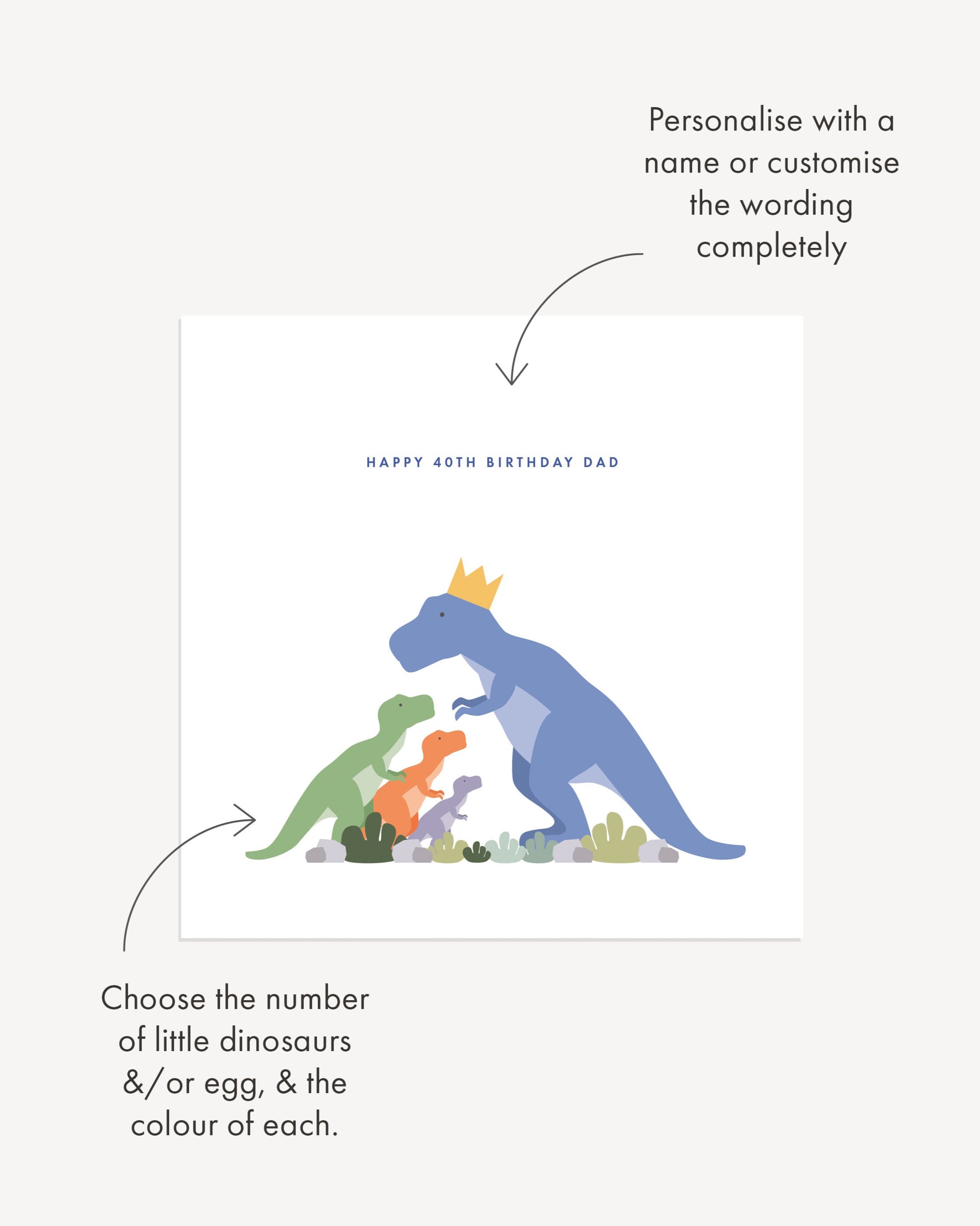 Illustration of dinosaurs with a crown and text for personalisation on a white background