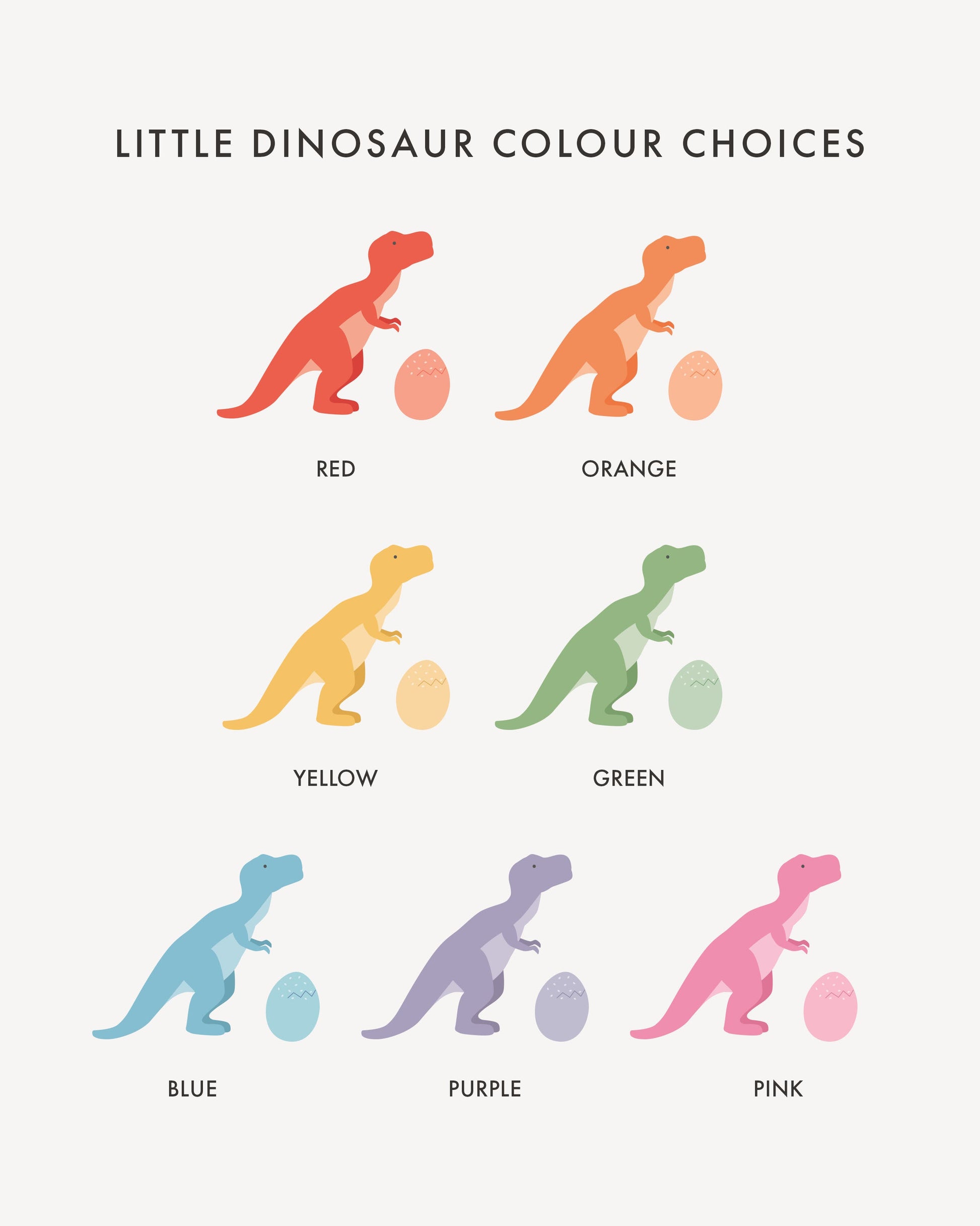 Color choices for small dinosaur figures with corresponding eggs on a white background.