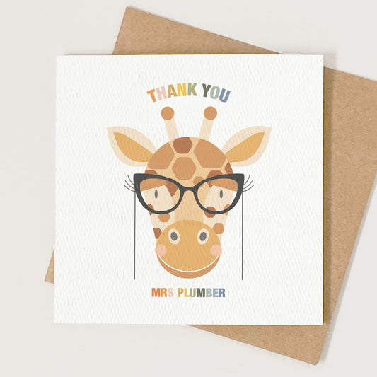 Personalised Giraffe Thank You Teacher Card - Black Cat Eye Glasses