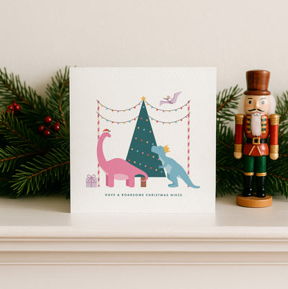 READY TO POST - Girl's Dinosaur Christmas Card - For Girl, Daughter, Granddaughter and Niece