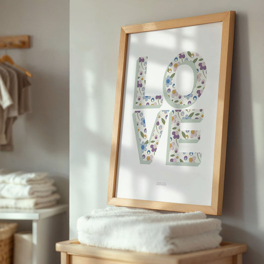 Mint Green Ditsy Flower Love Word Print