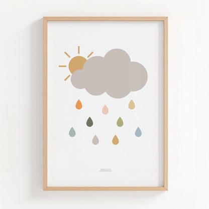 Framed artwork with a grey cloud, sun, and colourful raindrops illustration on a white background