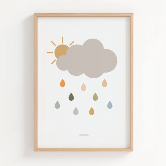 Framed artwork with a grey cloud, sun, and colourful raindrops illustration on a white background