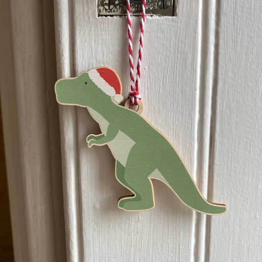 Children's Wooden Dinosaur Christmas Tree Decoration - with option to add to a Personalised Christmas Card