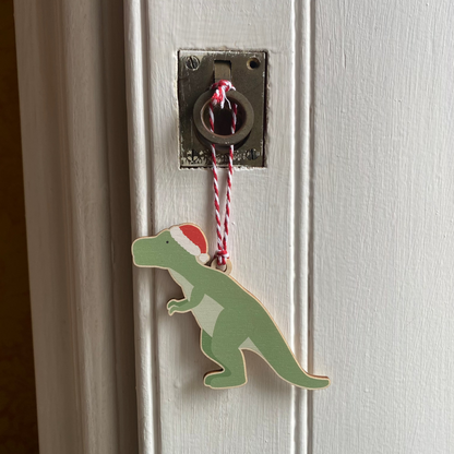 Children's Wooden Dinosaur Christmas Tree Decoration - with option to add to a Personalised Christmas Card