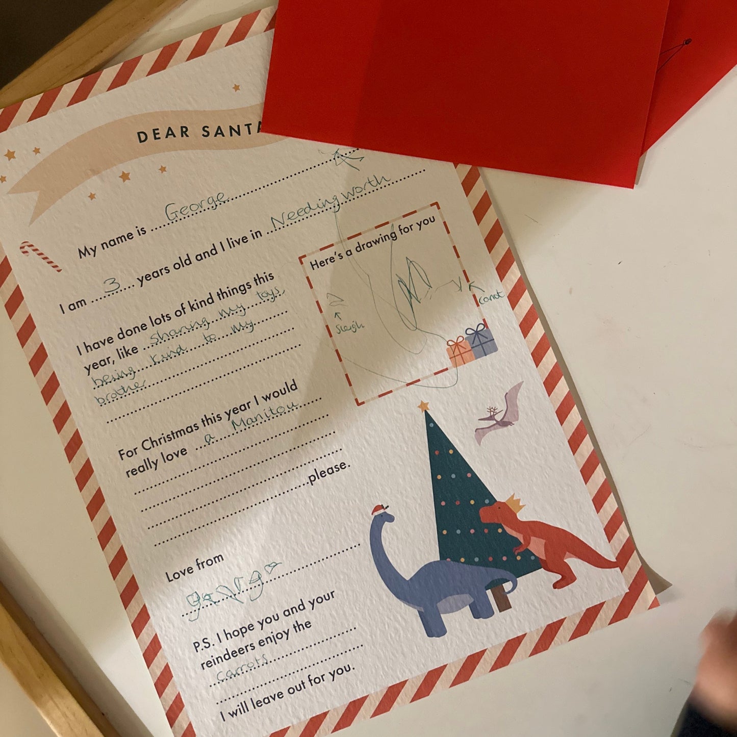 Dinosaur Themed Children's Letter to Santa with Envelope