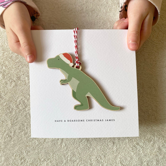 Children's Wooden Dinosaur Christmas Tree Decoration - with option to add to a Personalised Christmas Card