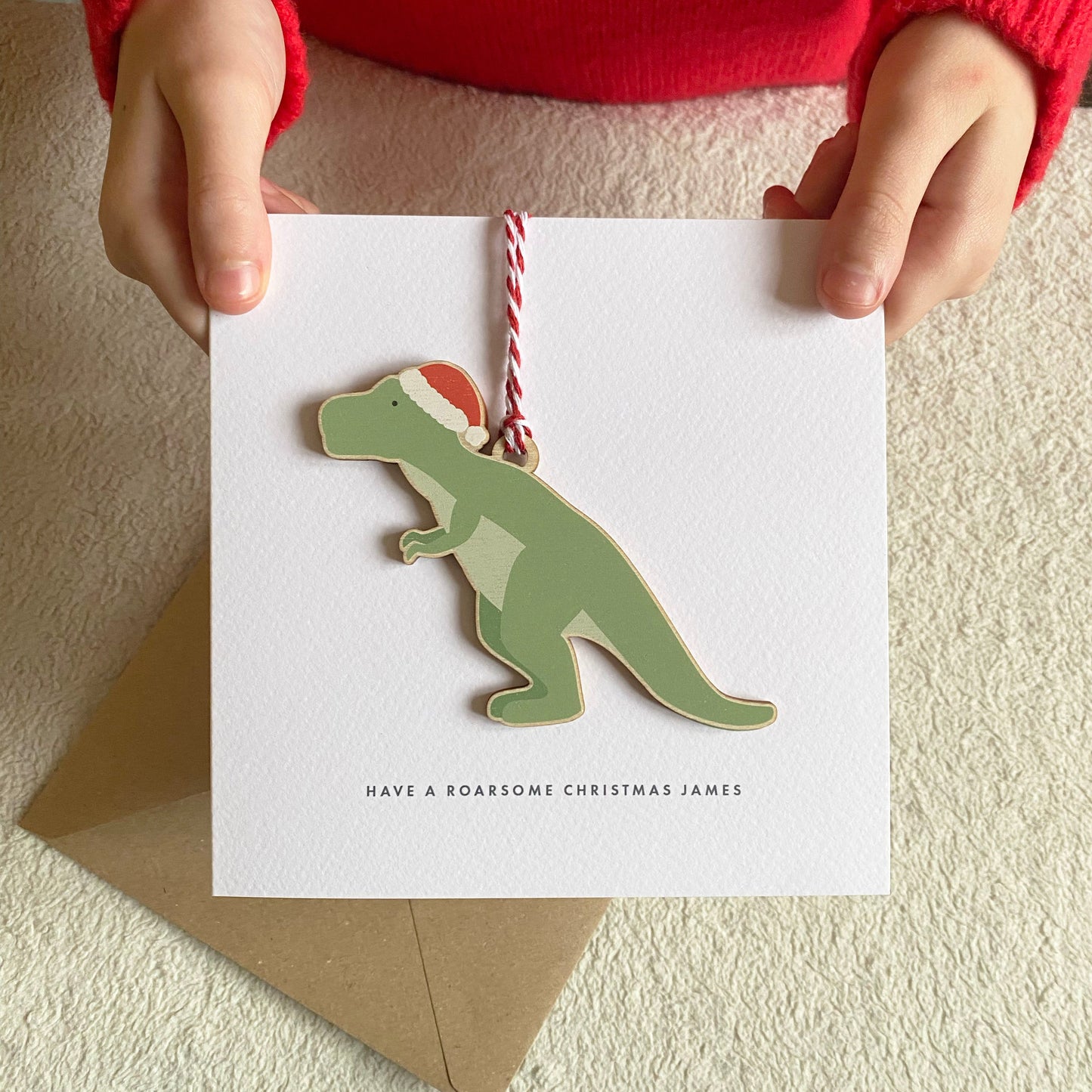 Children's Wooden Dinosaur Christmas Tree Decoration - with option to add to a Personalised Christmas Card