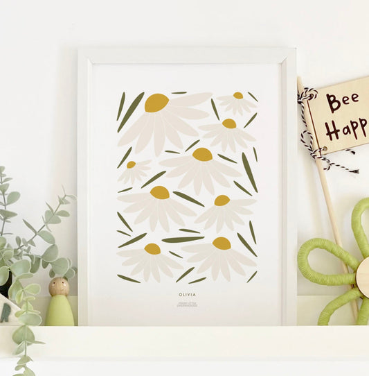 Decorative items including a plant, cards, and a small figurine on a white surface.