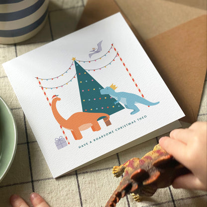 Personalised Dinosaur Christmas Card for Kids - Orange