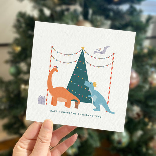 Personalised Dinosaur Christmas Card for Kids - Orange