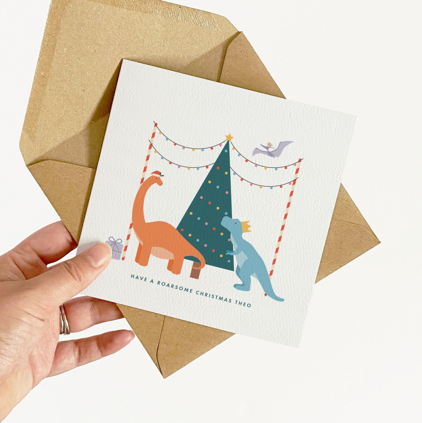 Personalised Dinosaur Christmas Card for Kids - Orange