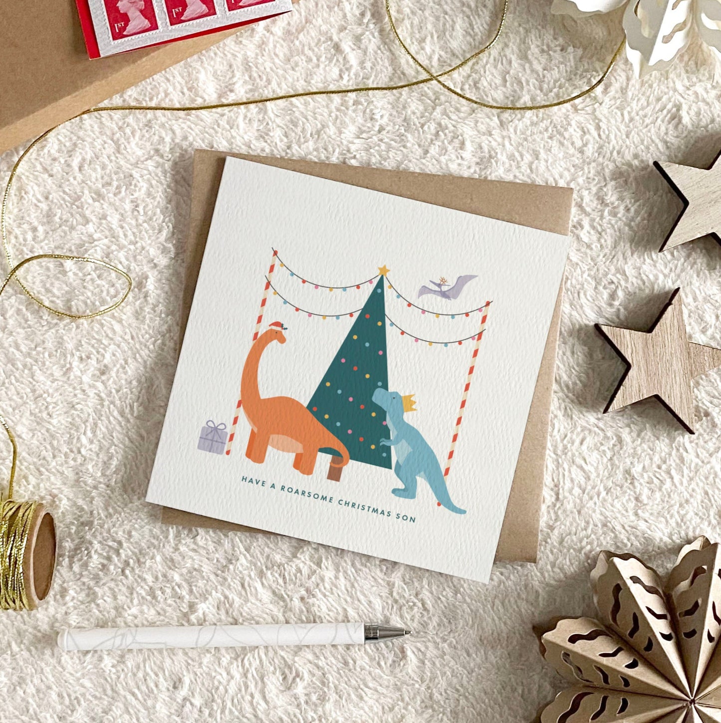 Personalised Dinosaur Christmas Card for Kids - Orange