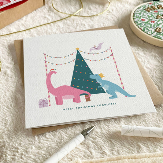 Personalised Dinosaur Christmas Card for Girls - Pink