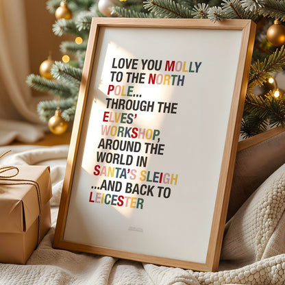 Personalised Love You to the North Pole Girl's Christmas Quote Print - with Pink