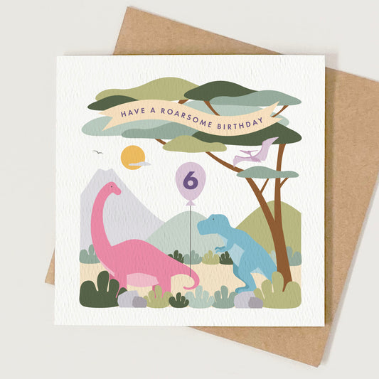 Girl's Dinosaur Birthday Card - Pink