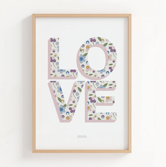 Pink Ditsy Flower Love Word Print