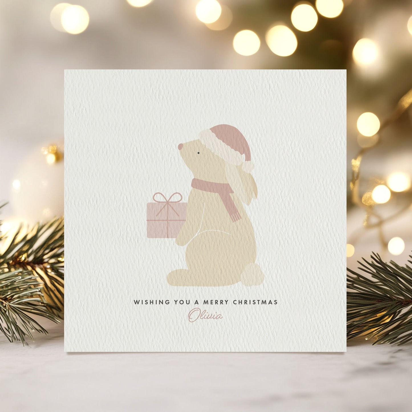 Personalised Girl's Bunny Christmas Card - Pink