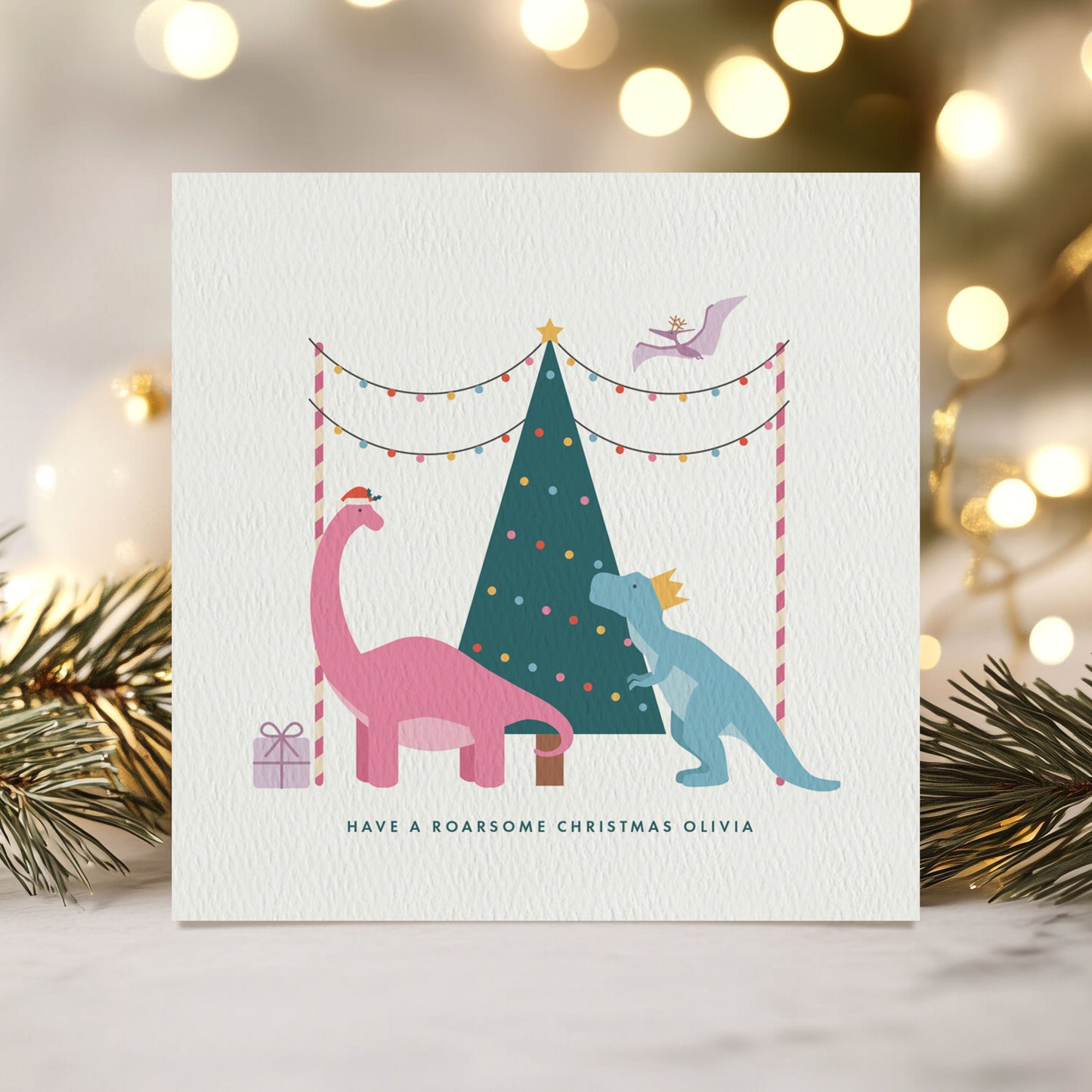 Personalised Dinosaur Christmas Card for Girls - Pink